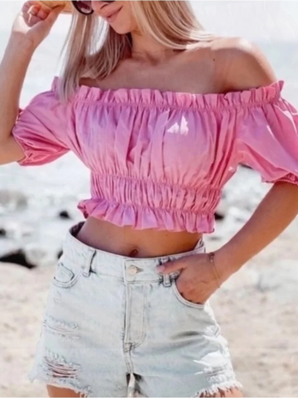 Zara Pink Poplin Crop Top With Short Puff Sleeves Size Small